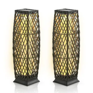 2 Pieces Solar-Powered Diamond Wicker Floor Lamps with Auto LED Light-Brown