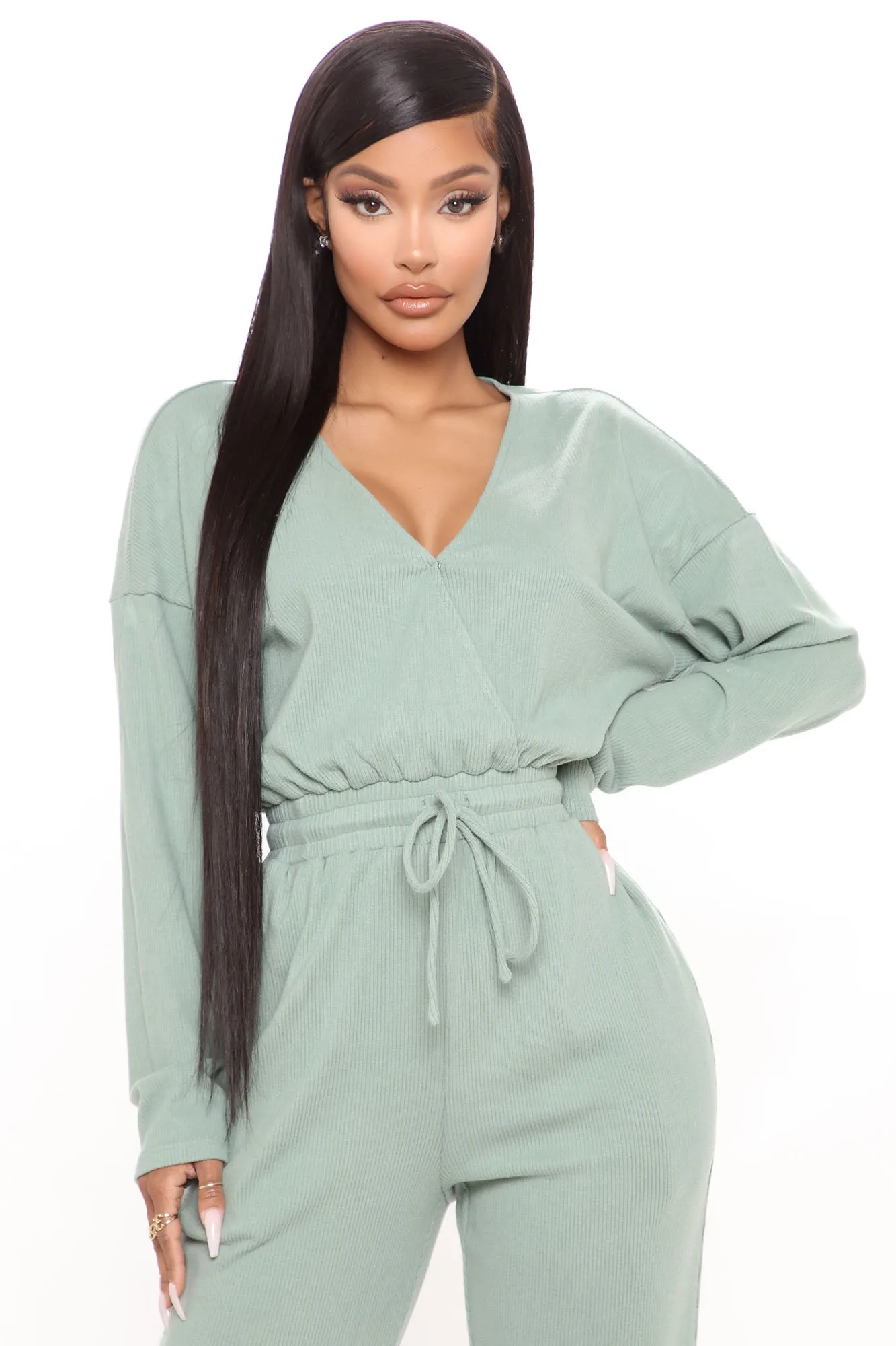 All Cozied Up Knit Jumpsuit - Sage