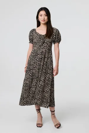 Animal Print Short Puff Sleeve Maxi Dress