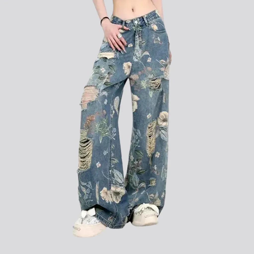 Baggy fit floral print women's jeans