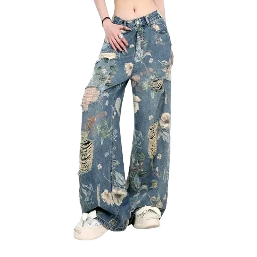 Baggy fit floral print women's jeans