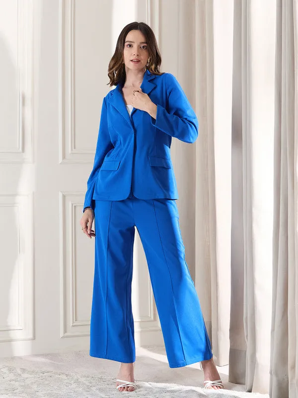 Berrylush BIZwear Women Solid Blue Collared Neck Long Sleeves Regular Blazer & High-Rise Waist Straight Leg Trousers Co-Ord Set