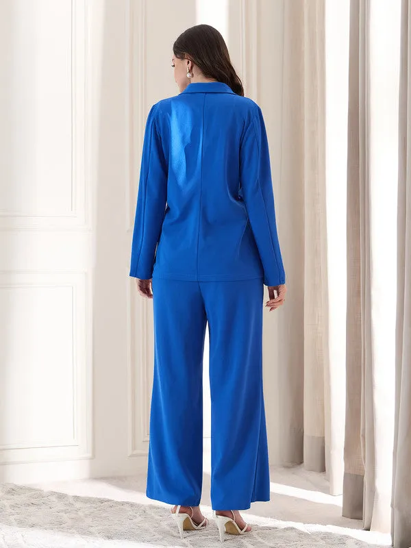 Berrylush BIZwear Women Solid Blue Collared Neck Long Sleeves Regular Blazer & High-Rise Waist Straight Leg Trousers Co-Ord Set