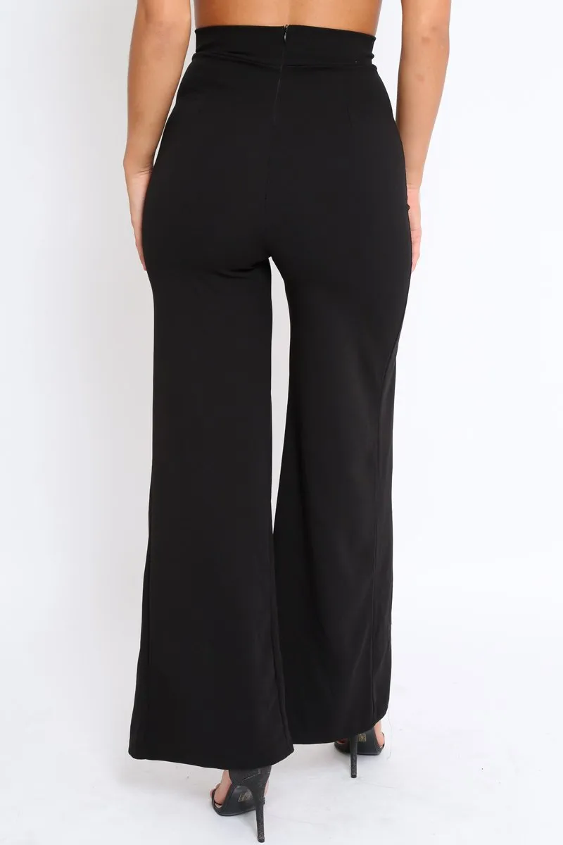 Black High Waist Flare Trousers with Popper detail -Tamy