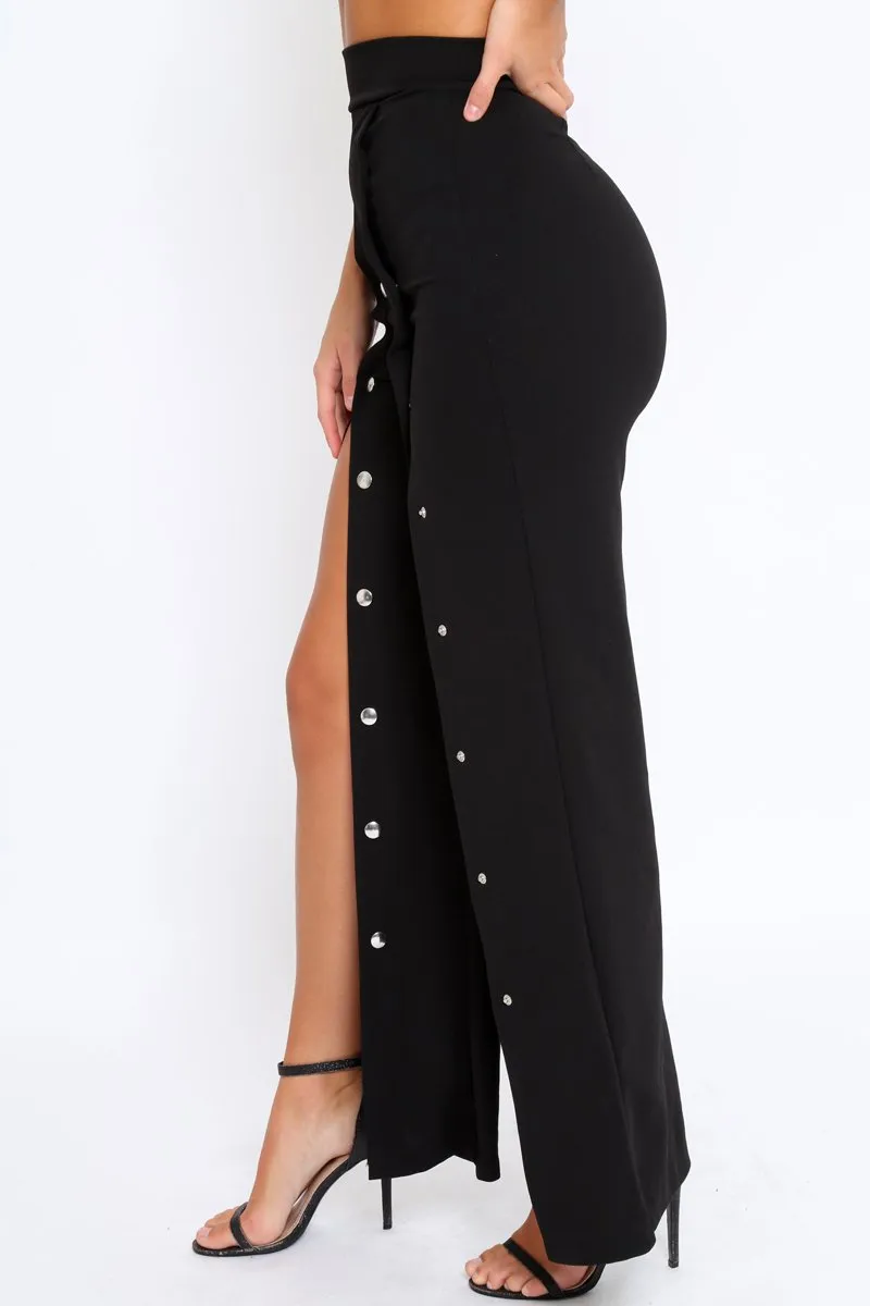 Black High Waist Flare Trousers with Popper detail -Tamy