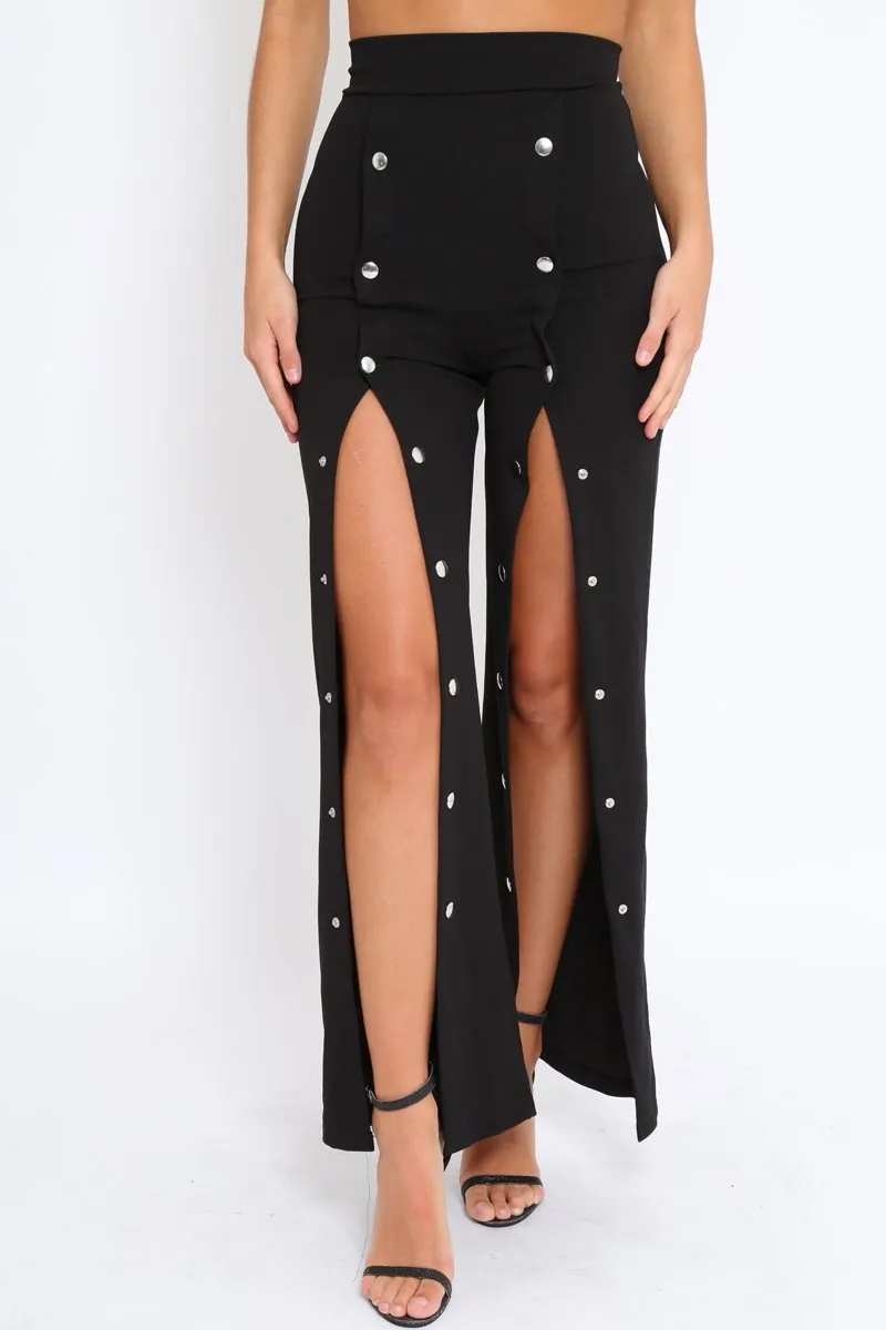 Black High Waist Flare Trousers with Popper detail -Tamy