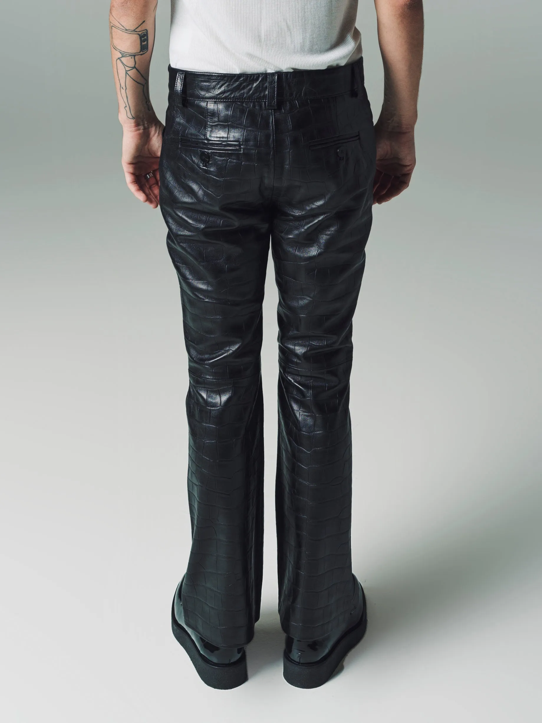 Black Leather Crocodile Embossed Flare Trousers