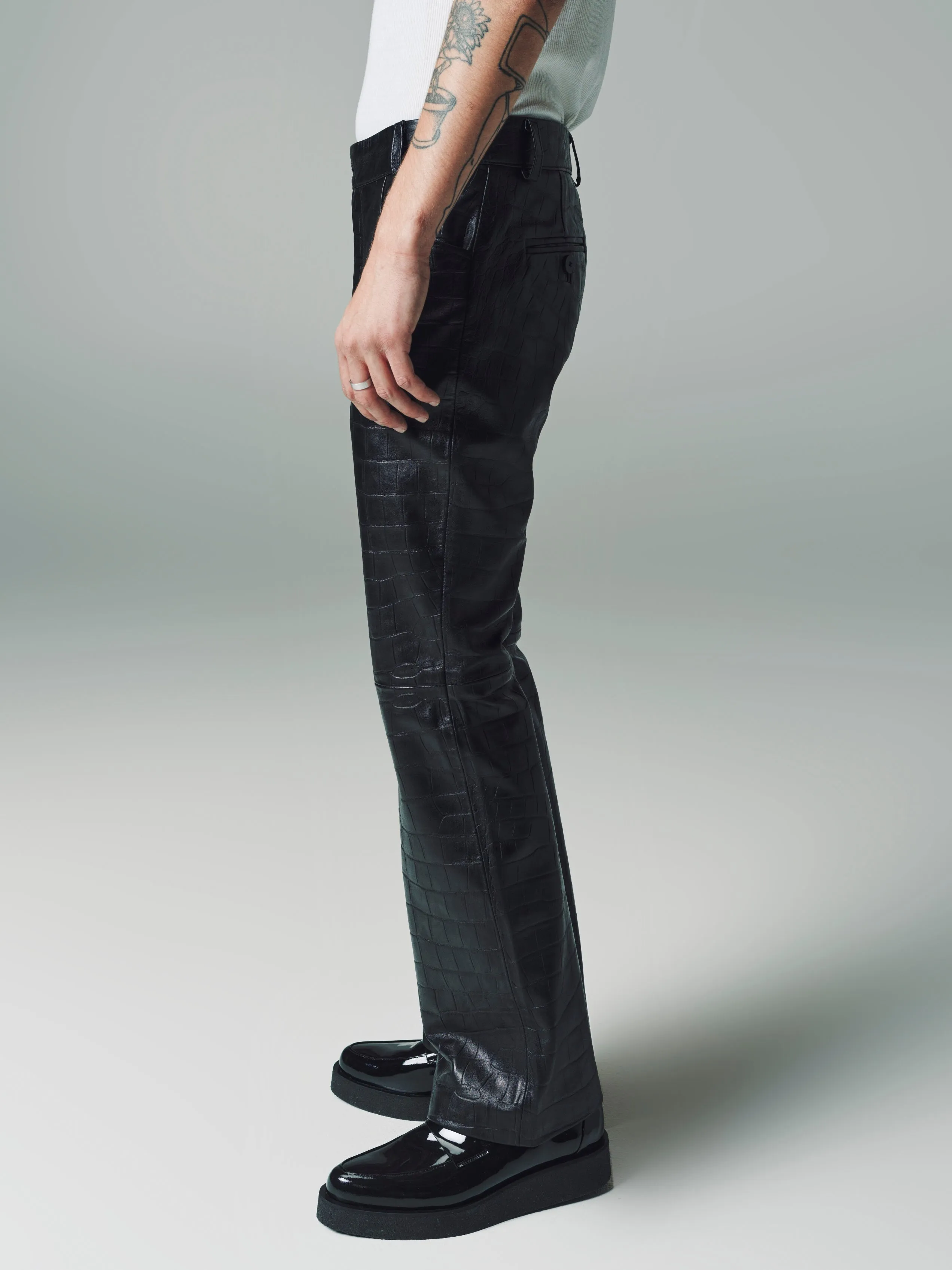 Black Leather Crocodile Embossed Flare Trousers