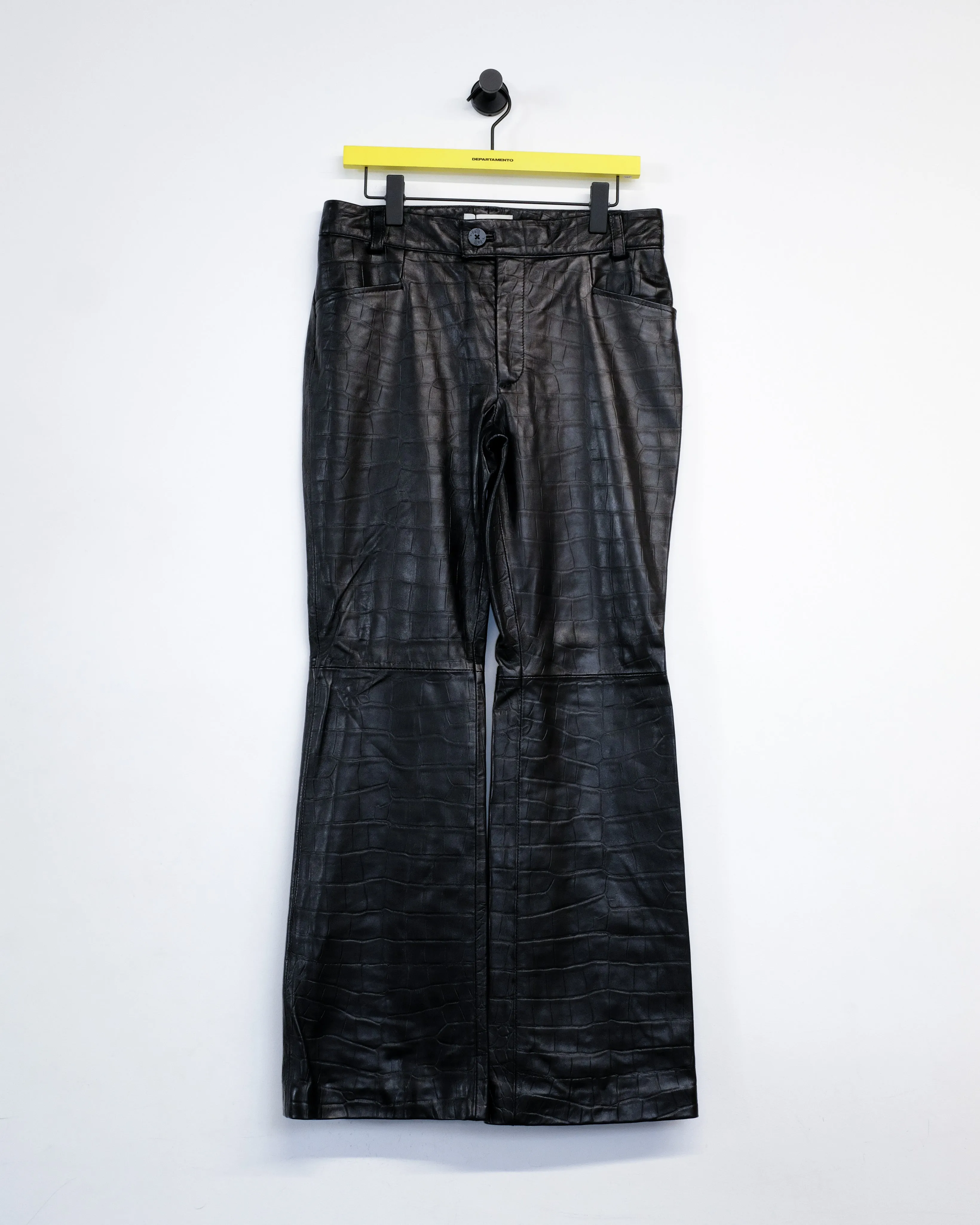 Black Leather Crocodile Embossed Flare Trousers