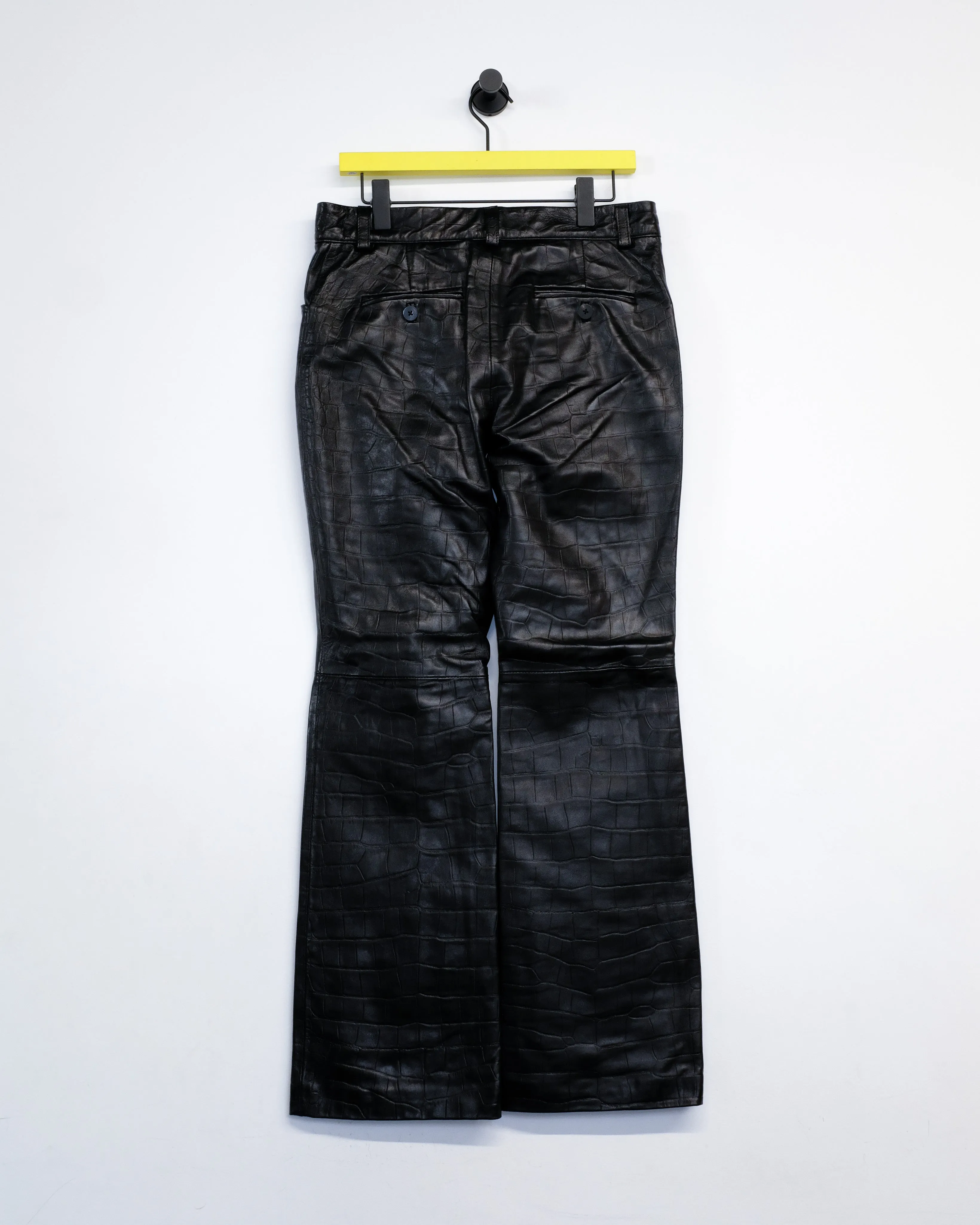 Black Leather Crocodile Embossed Flare Trousers