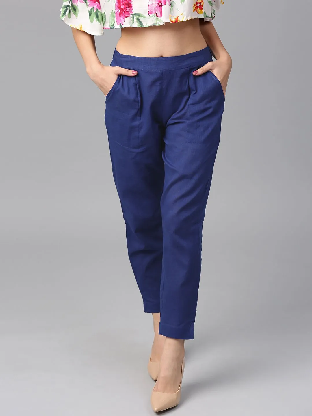 Blue Solid Cotton Slub Straight Pants