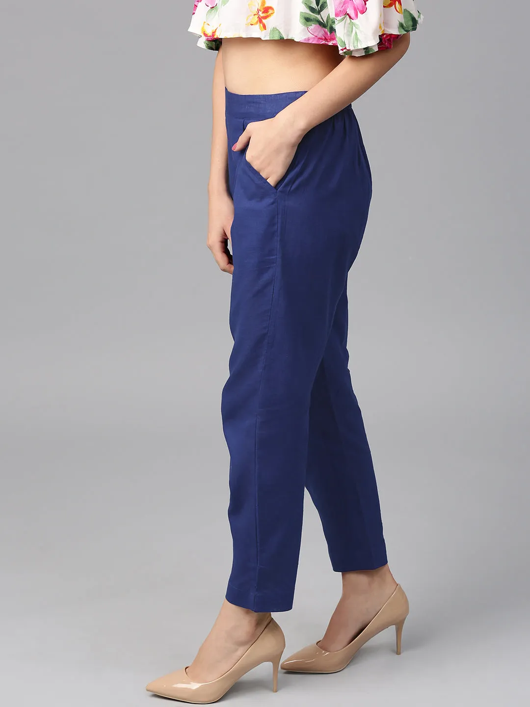 Blue Solid Cotton Slub Straight Pants