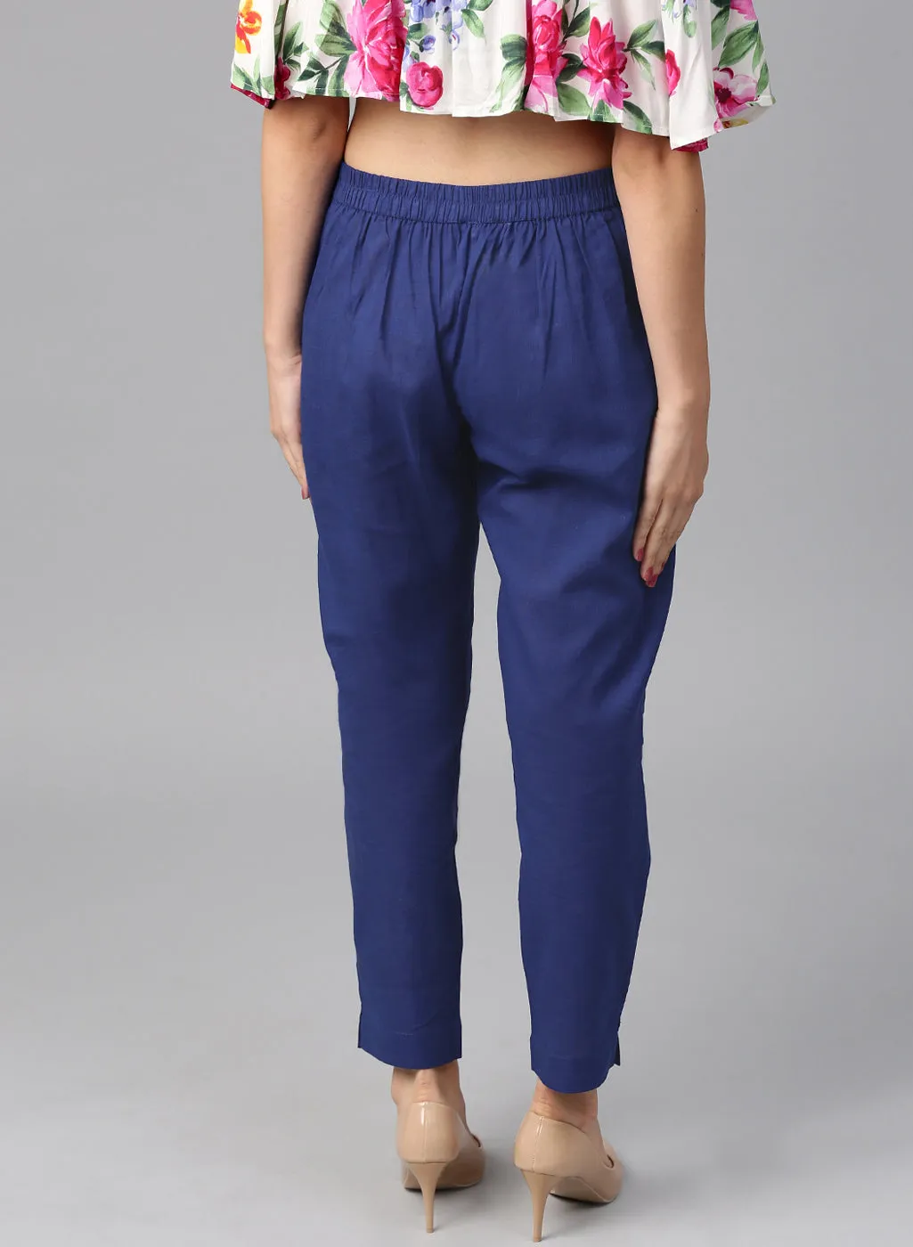 Blue Solid Cotton Slub Straight Pants