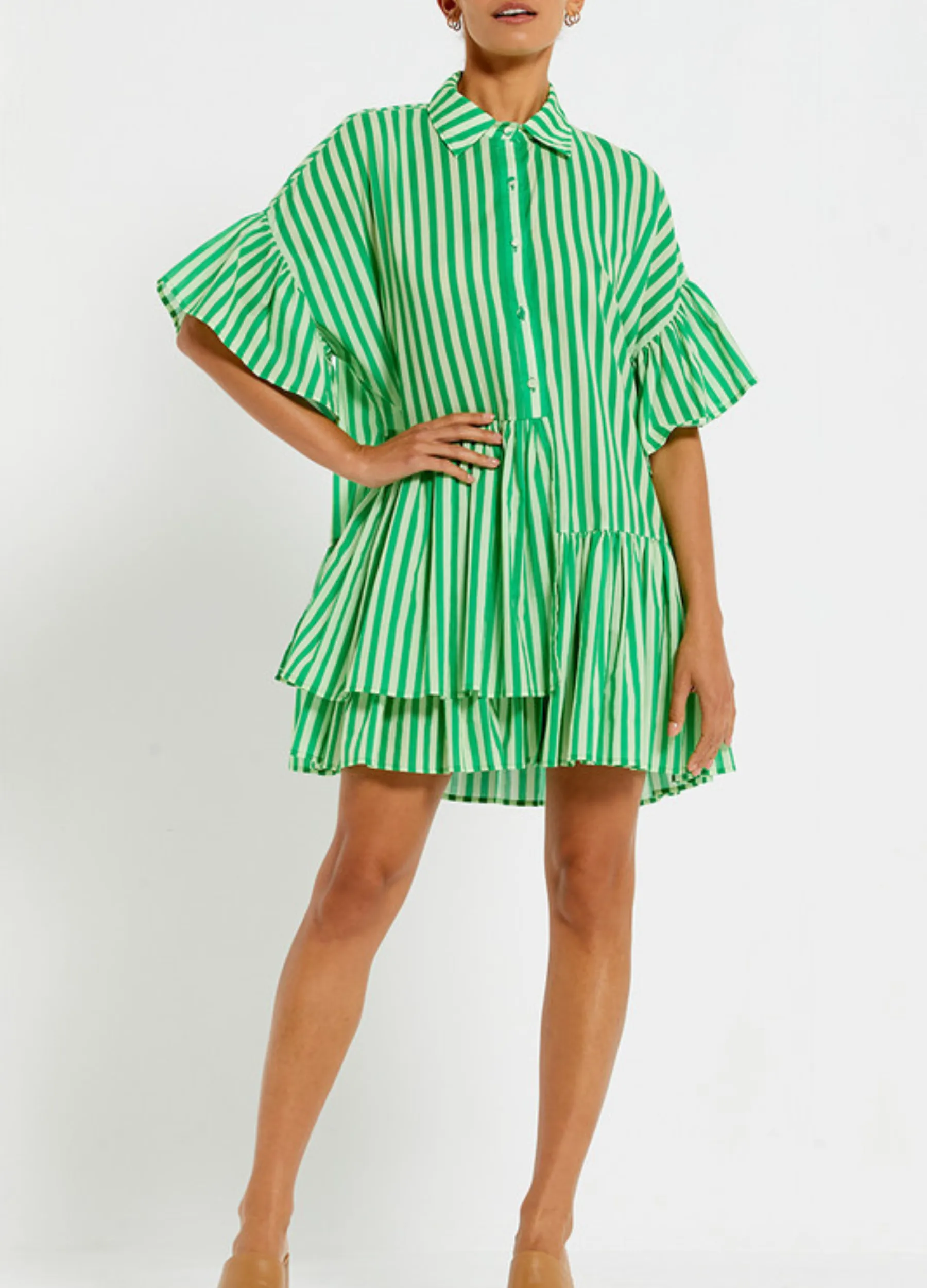 Bohemian Traders - Mid Sleeve Genoa Mini Dress - Tonal Green Stripe