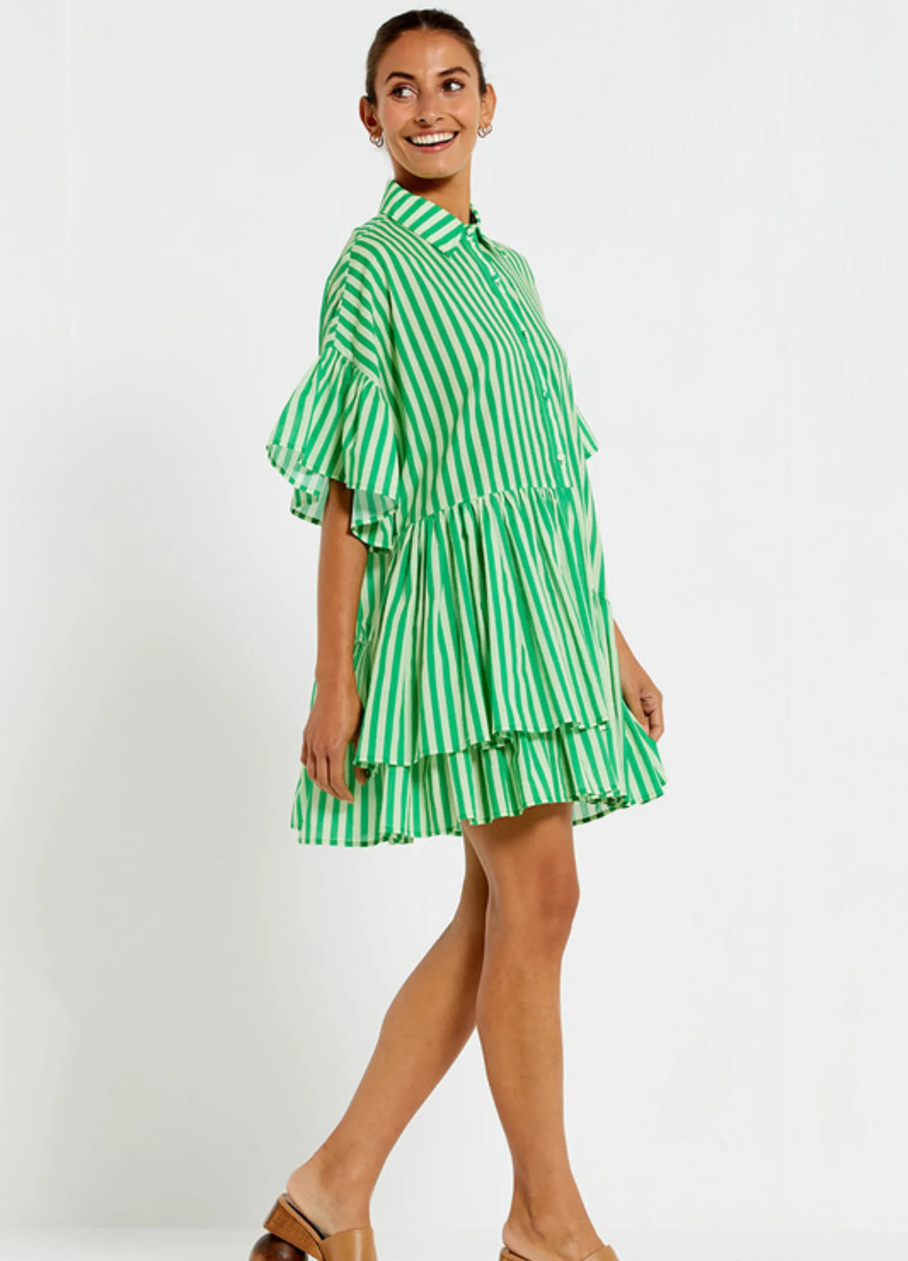 Bohemian Traders - Mid Sleeve Genoa Mini Dress - Tonal Green Stripe