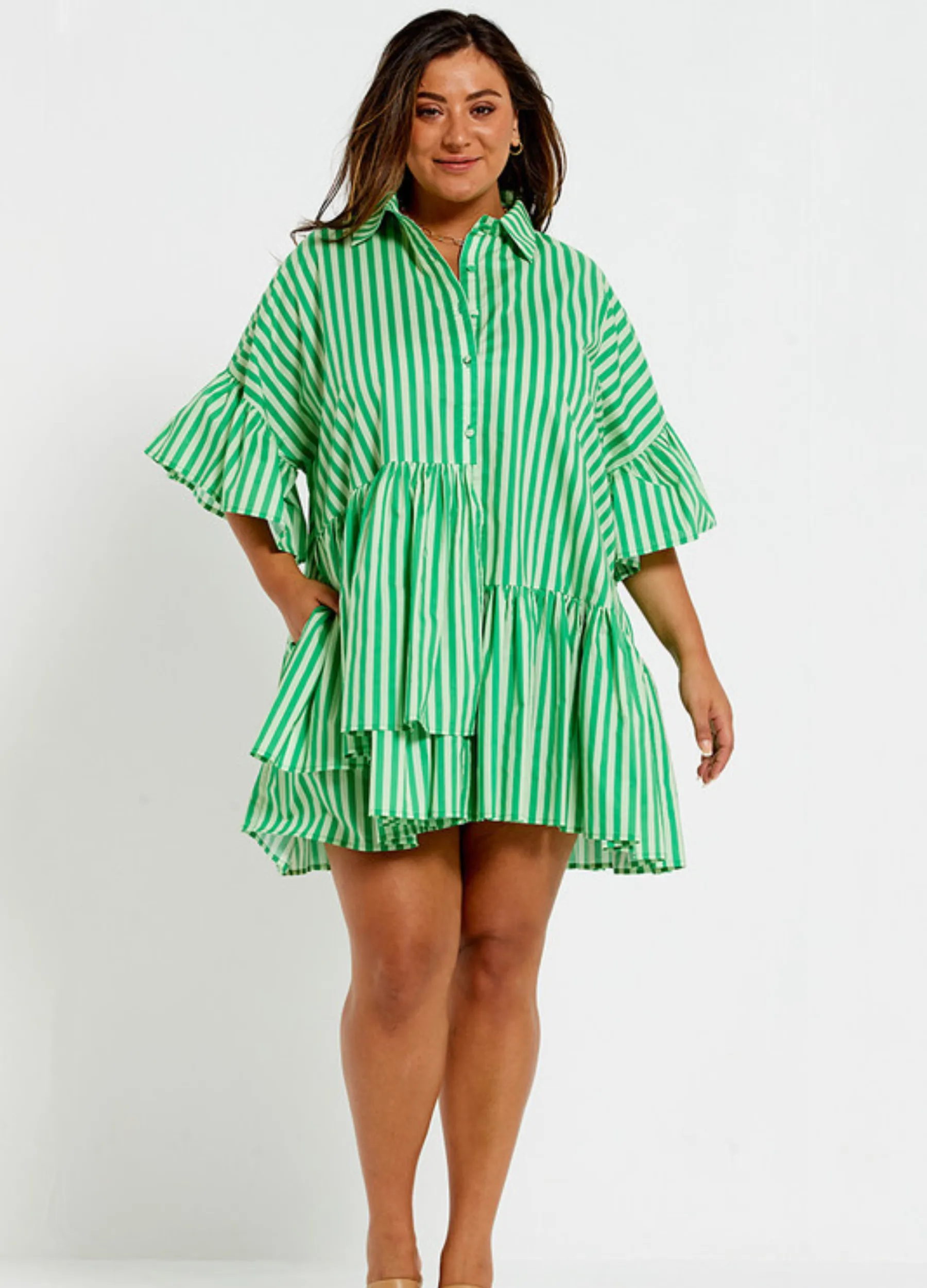 Bohemian Traders - Mid Sleeve Genoa Mini Dress - Tonal Green Stripe