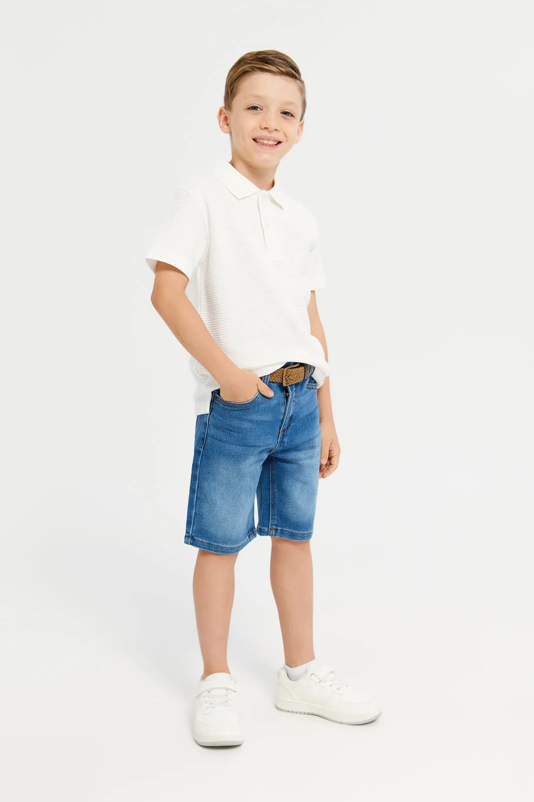 Boys Navy Plain Shorts With Braided Belt