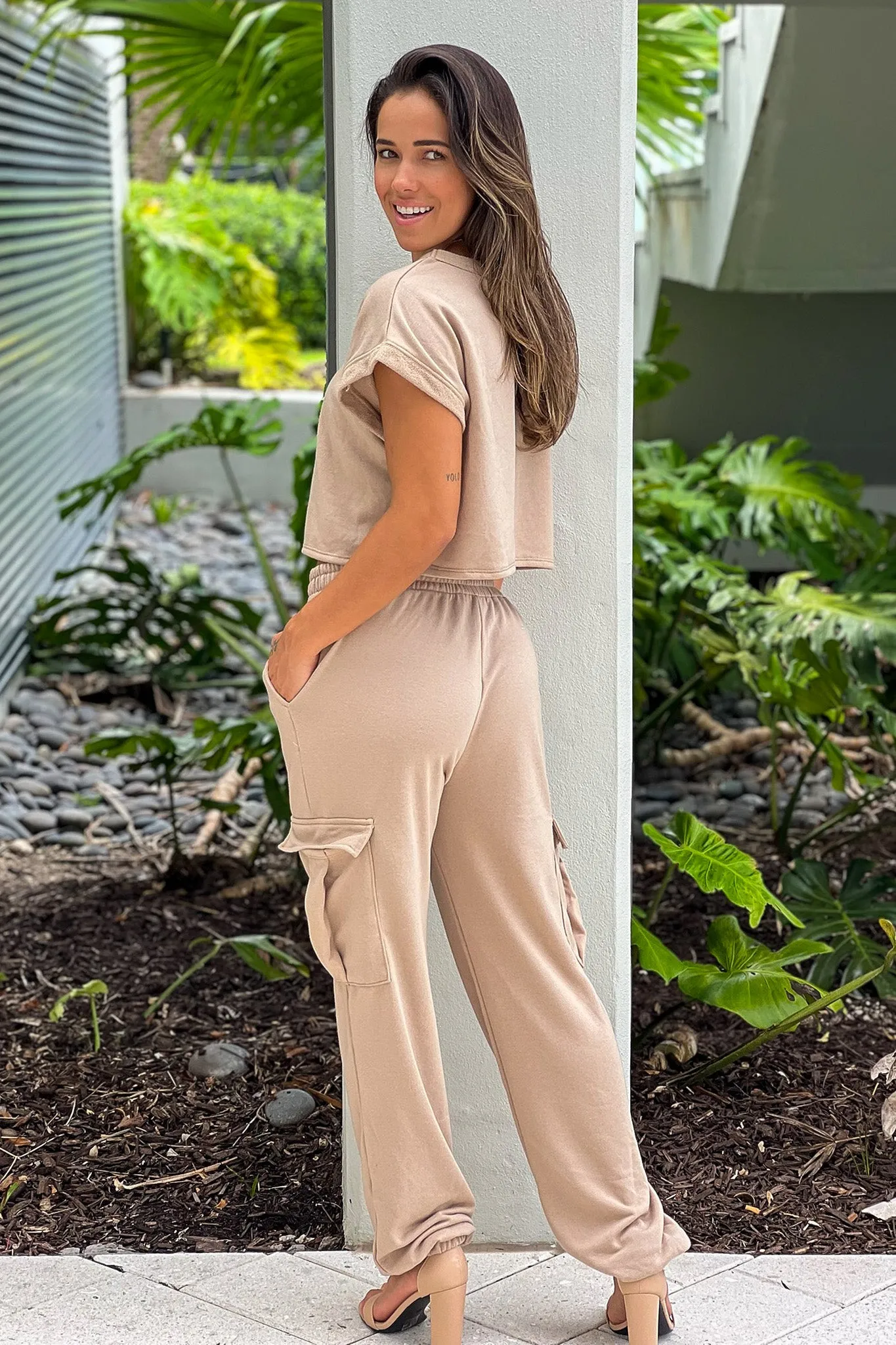 Camel Jogger Pants And Crop Top Set