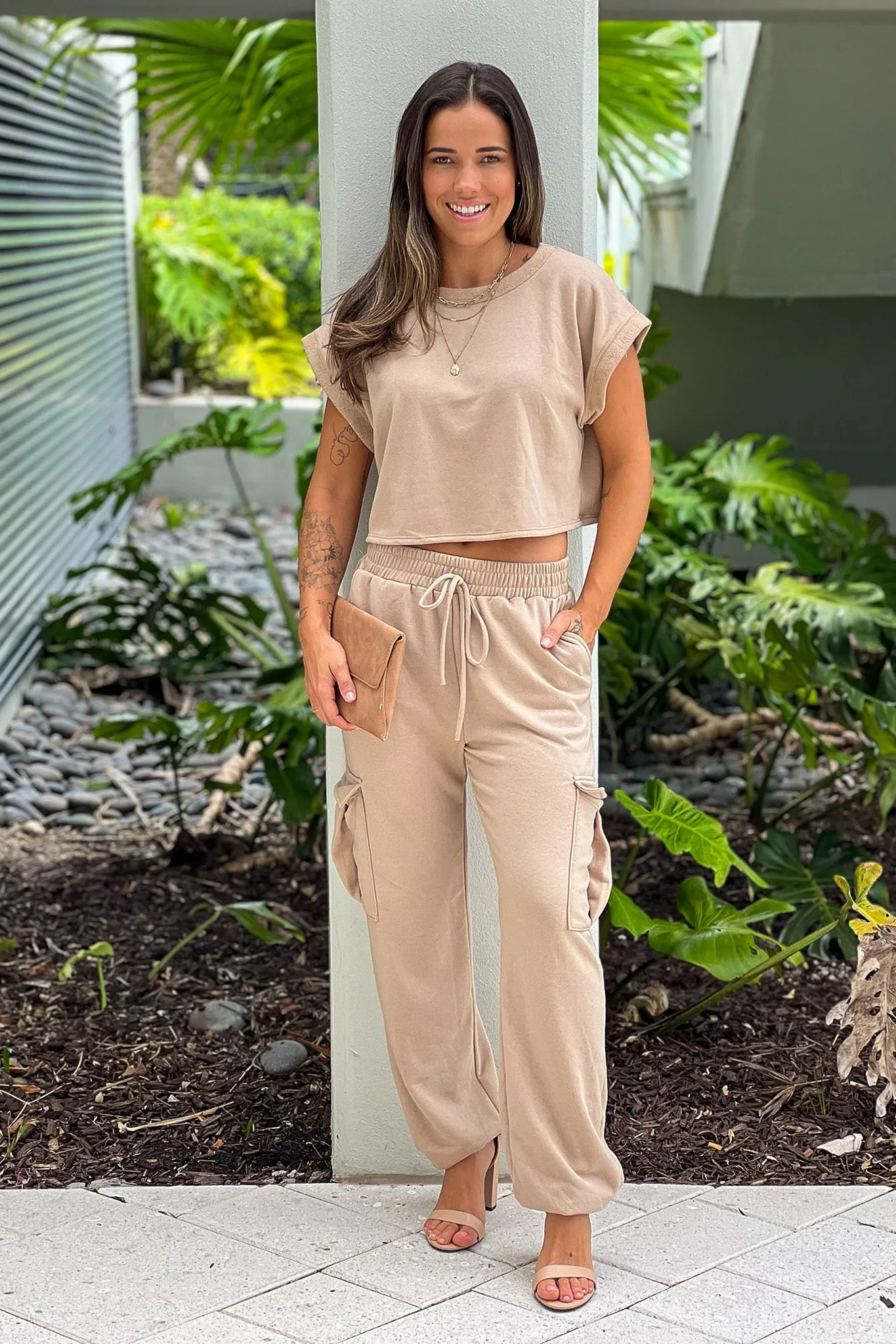 Camel Jogger Pants And Crop Top Set