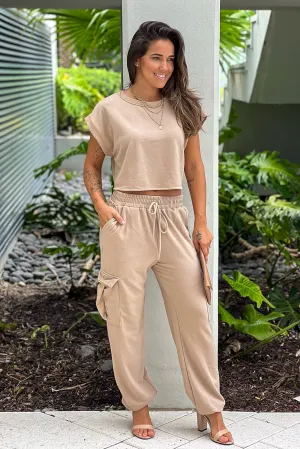 Camel Jogger Pants And Crop Top Set