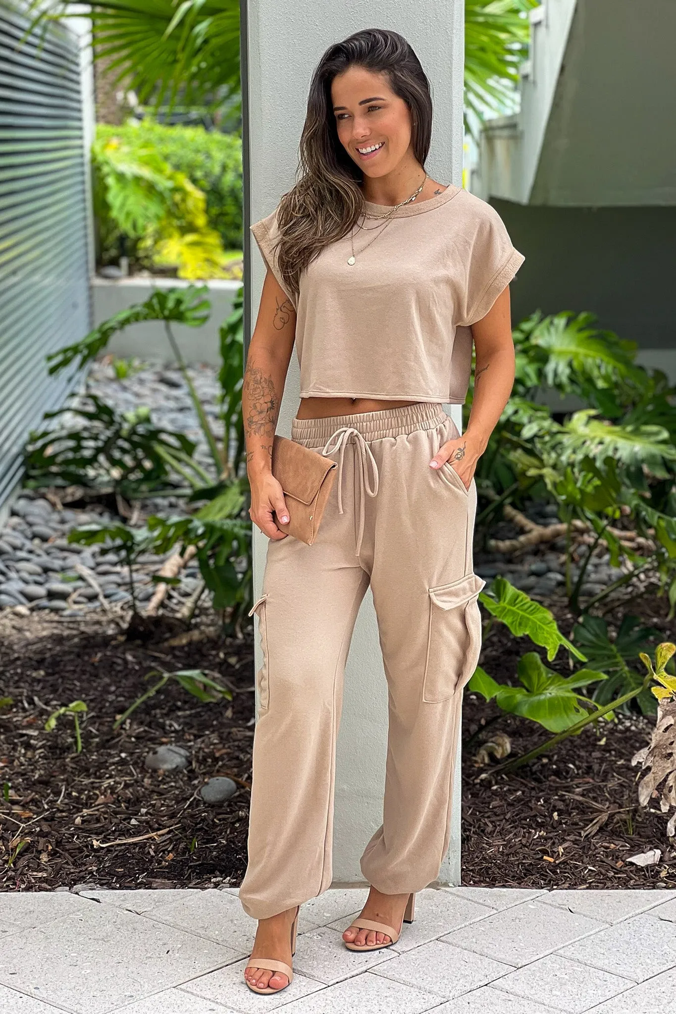 Camel Jogger Pants And Crop Top Set