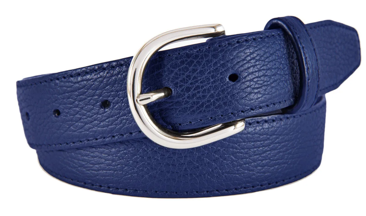 Cobalt Blue Pebbled Leather Belt, Soho Buckle (Shiny Silver)