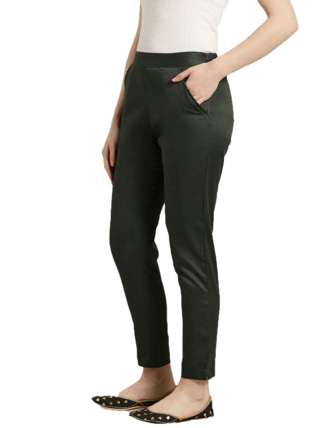 Dark Olive Green Cotton Lycra Pants