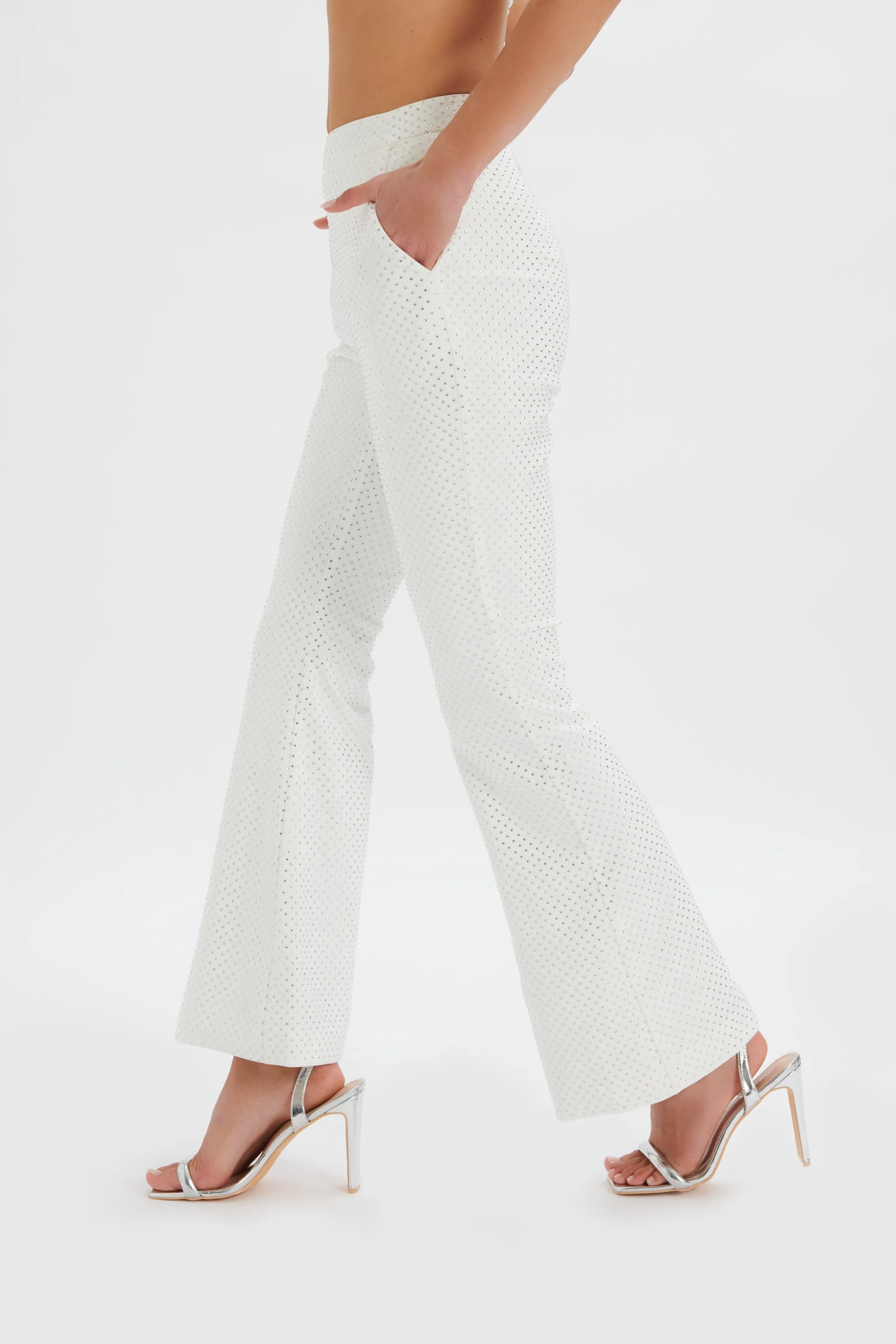 ELLISA Crystal Embellished Fit and Flare Trouser in White