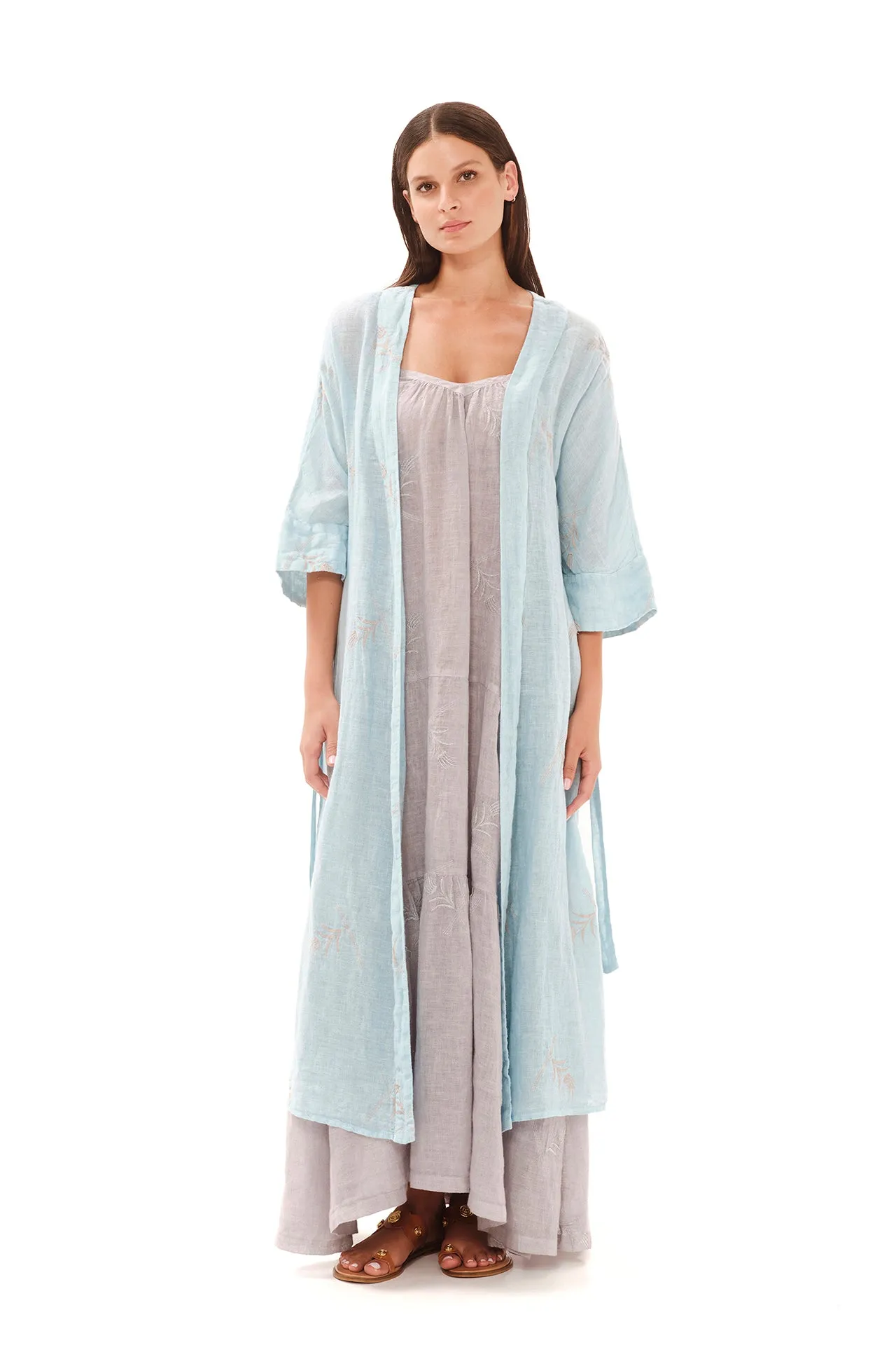 Embroidered Linen Gauze Kimono Light Blue