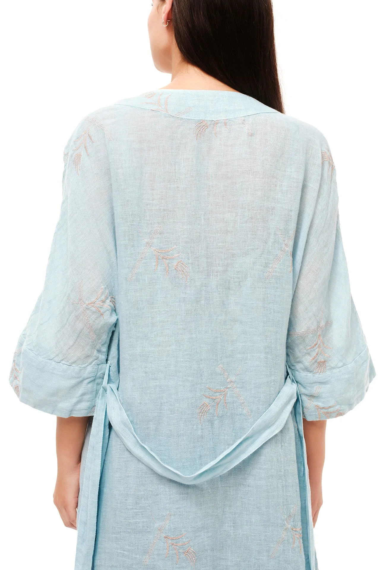 Embroidered Linen Gauze Kimono Light Blue