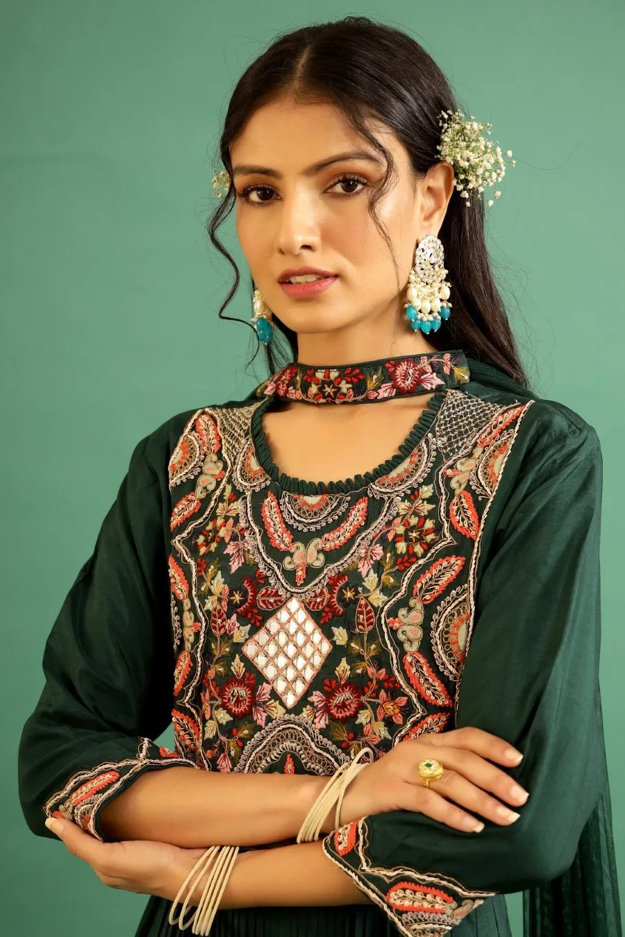 Emerald Green Kashmiri Silk Embroidered Anarkali with Dupatta