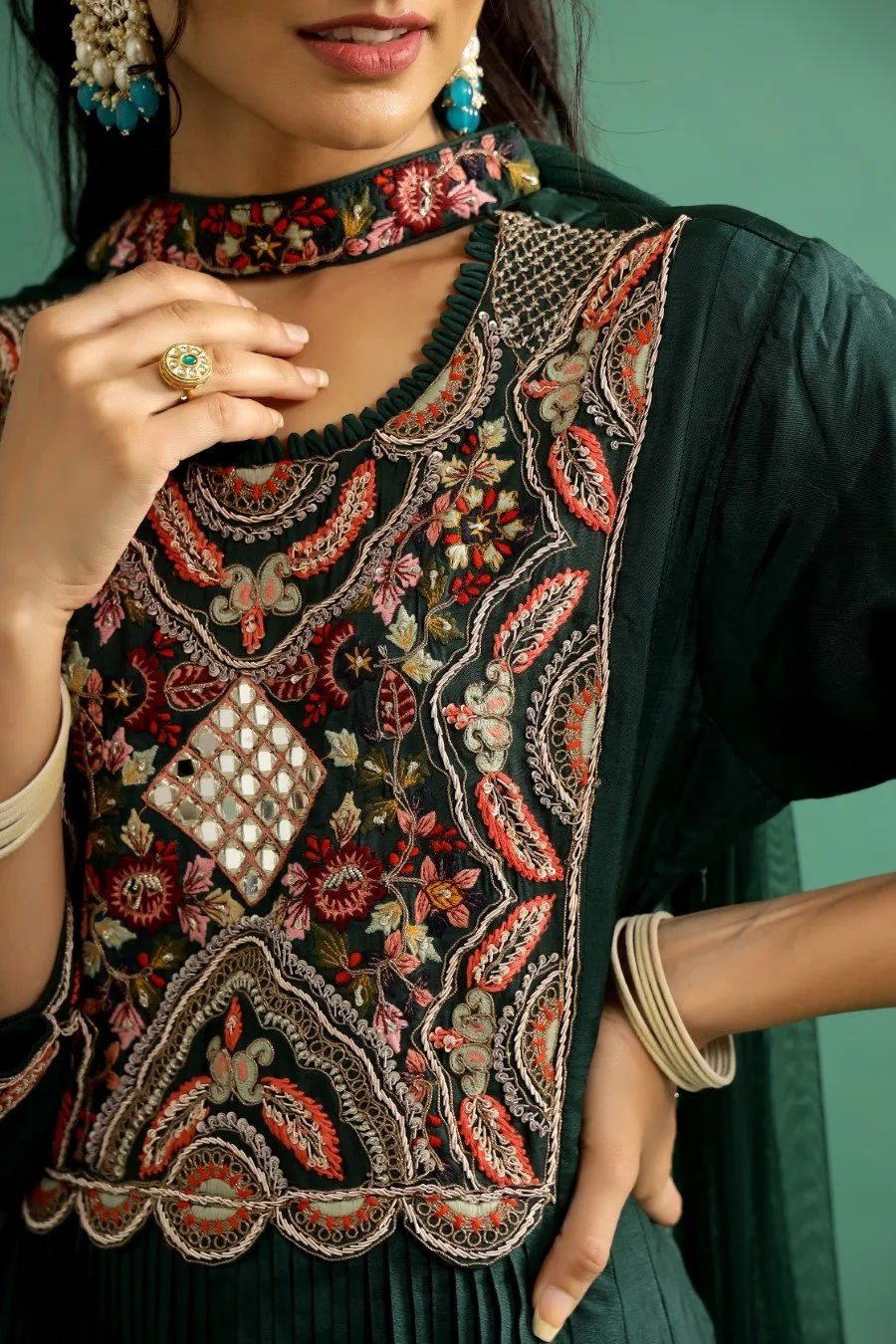 Emerald Green Kashmiri Silk Embroidered Anarkali with Dupatta