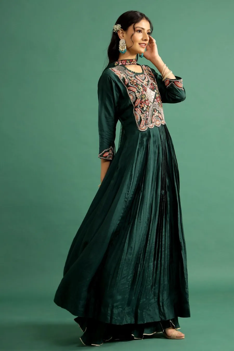 Emerald Green Kashmiri Silk Embroidered Anarkali with Dupatta