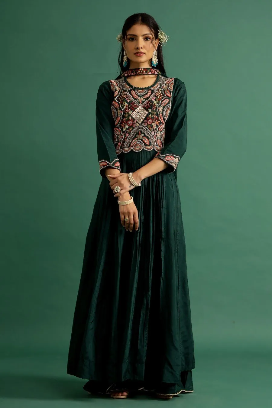 Emerald Green Kashmiri Silk Embroidered Anarkali with Dupatta