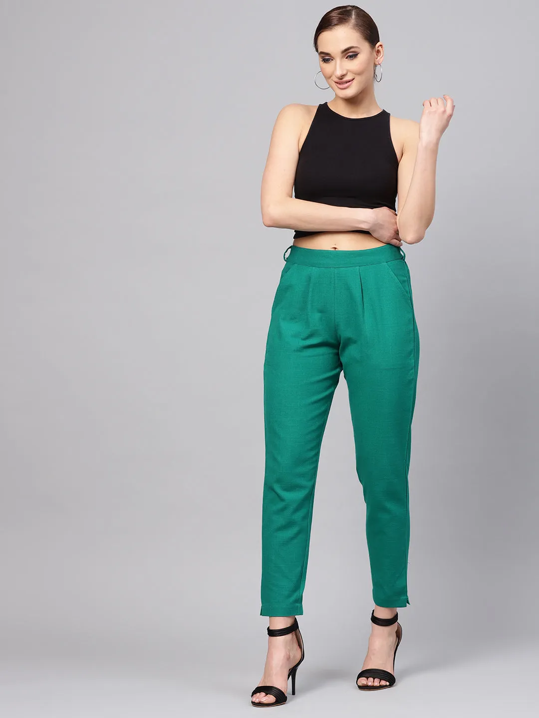 Grass Green Solid Cotton Slub Straight Pants