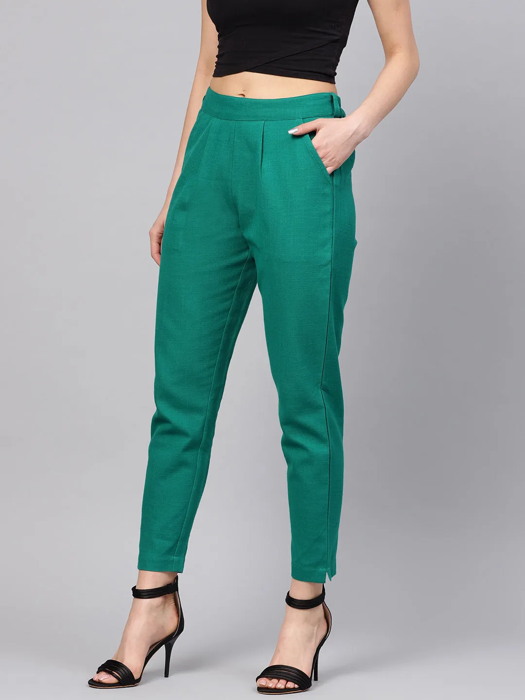 Grass Green Solid Cotton Slub Straight Pants