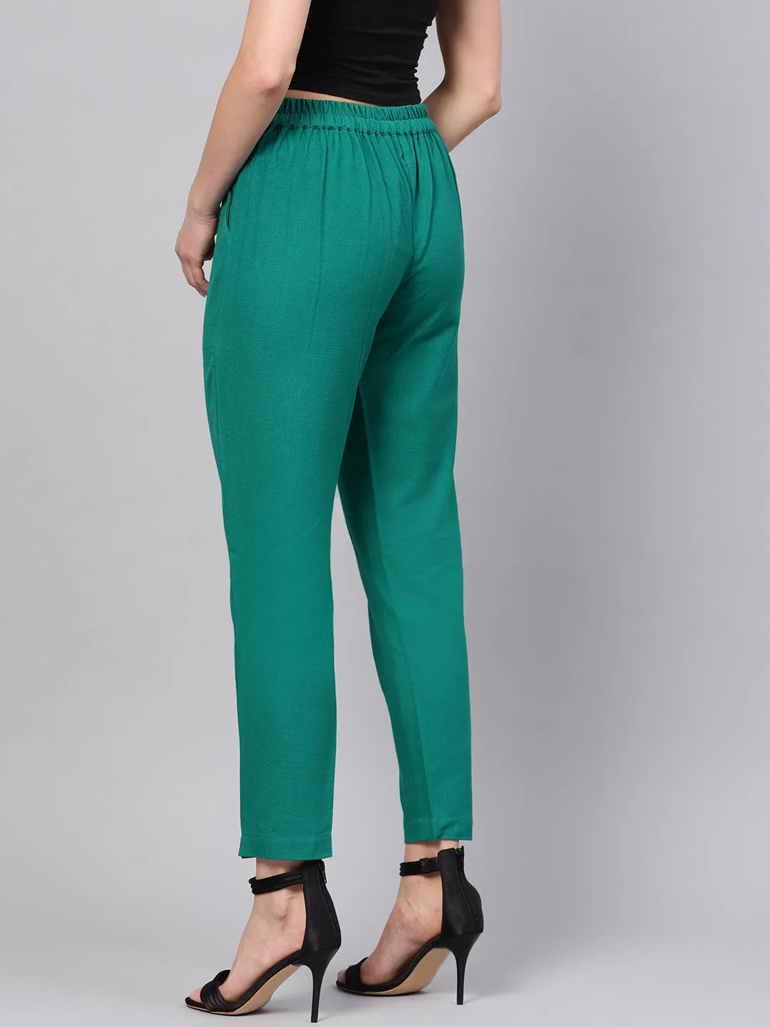 Grass Green Solid Cotton Slub Straight Pants