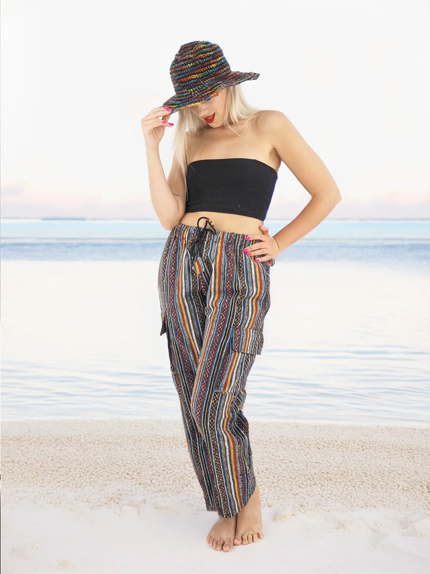 Handmade Casual Boho Hippie Cotton Purple Stripe Pants Multi Color Size S-M-L-XL