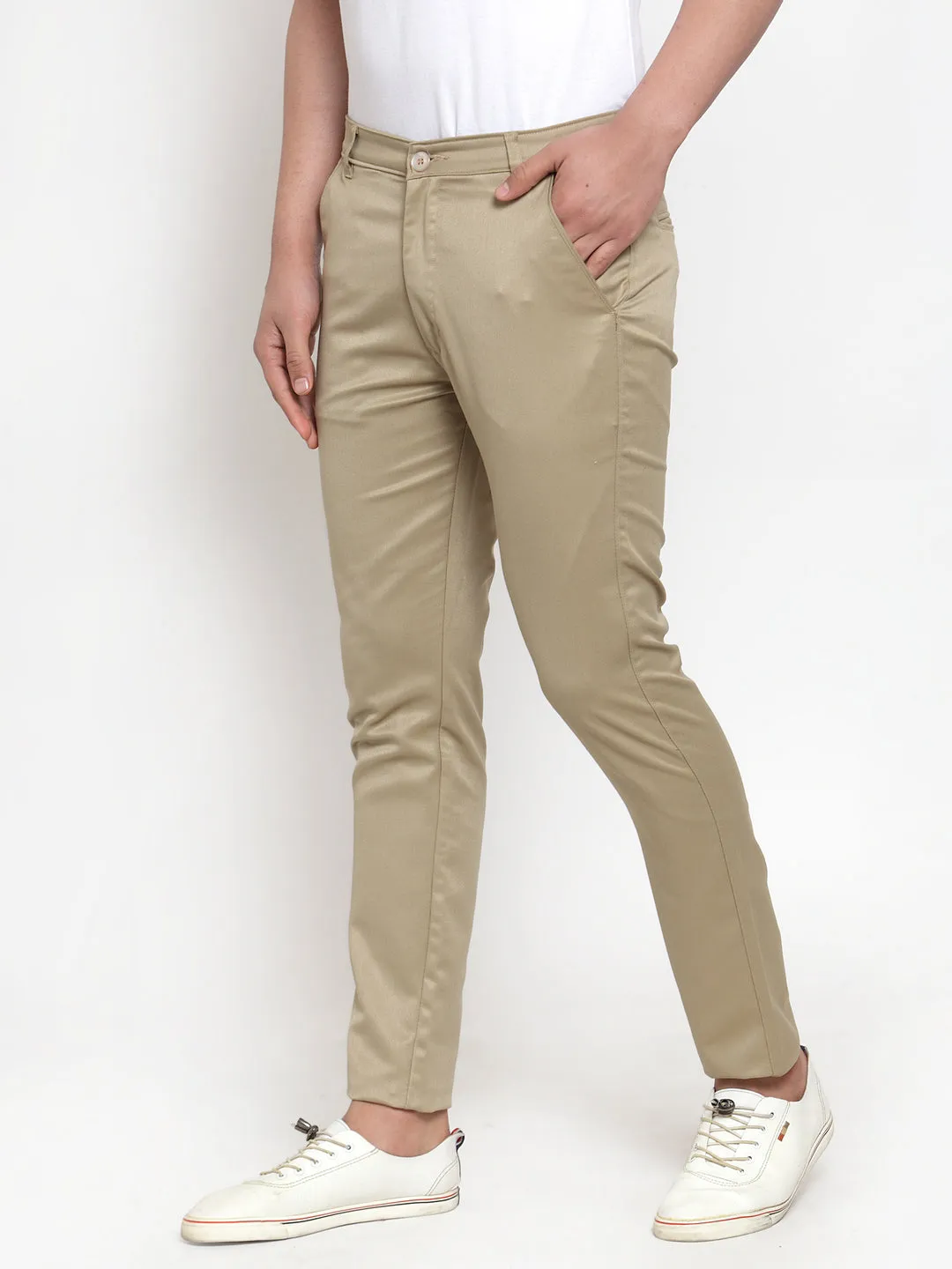 Jashvi Men Beige Slim Fit Formal Trousers