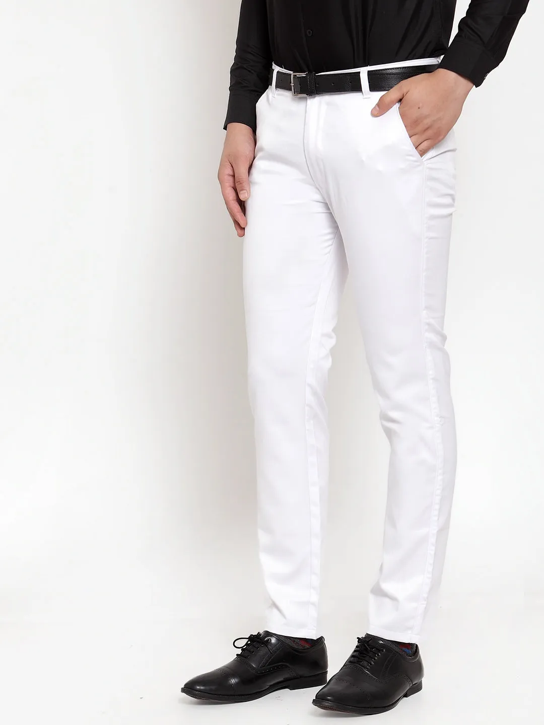 Jashvi Men's White Tapered Fit Formal Trousers