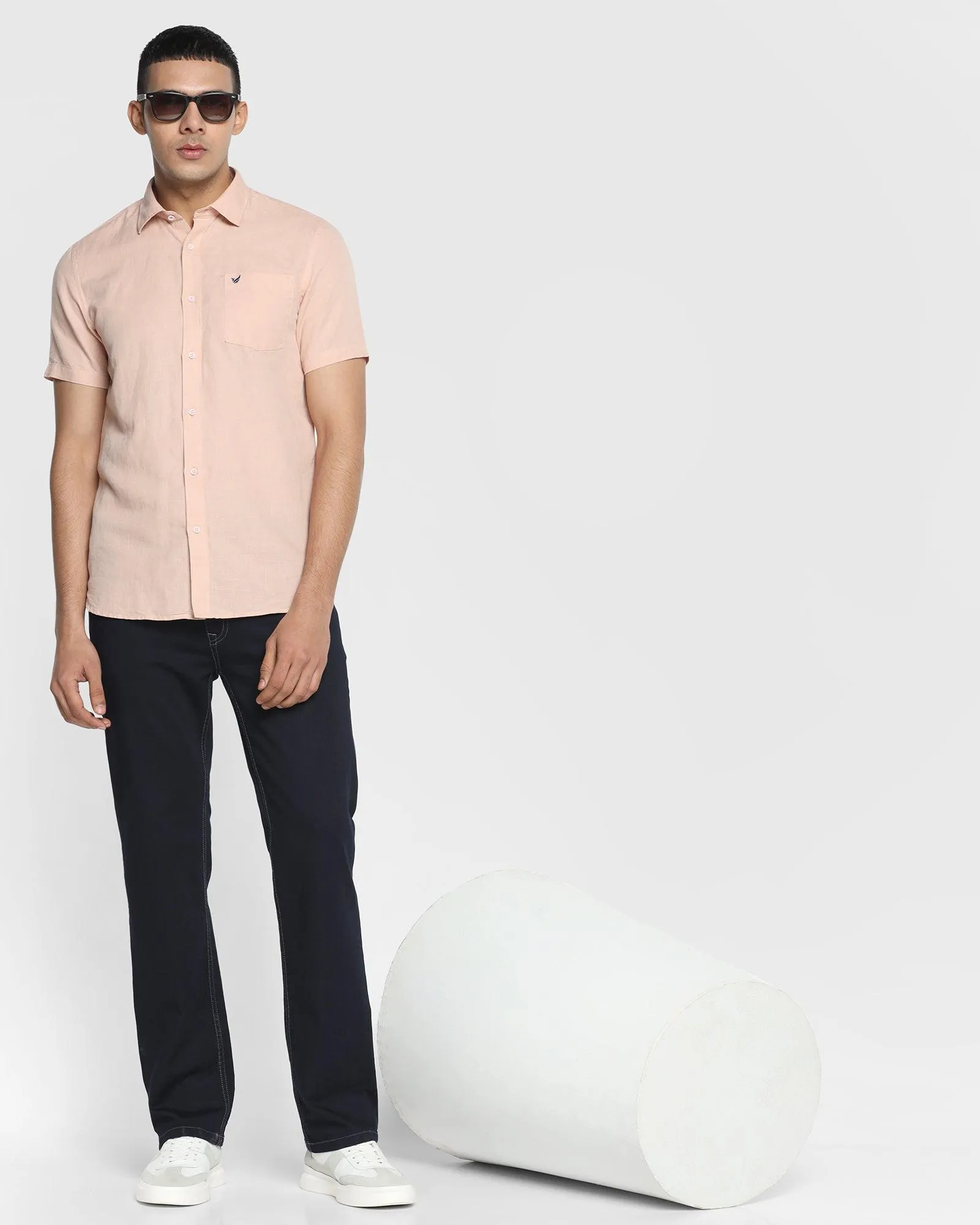 Linen Casual Half Sleeve Peach Solid Shirt - Salmon