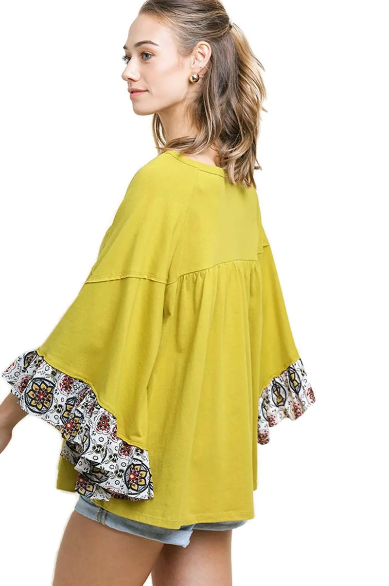 Medallion Ruffled Bell Sleeve Top, Kiwi