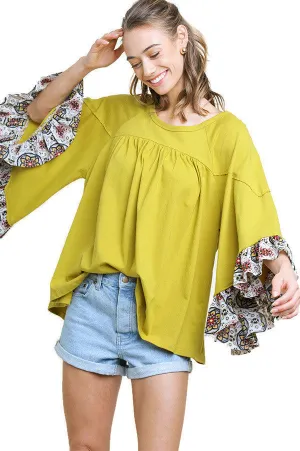 Medallion Ruffled Bell Sleeve Top, Kiwi