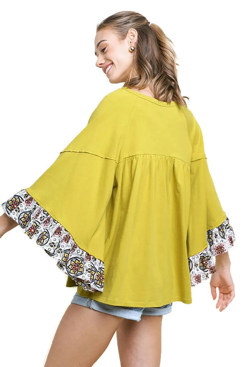 Medallion Ruffled Bell Sleeve Top, Kiwi