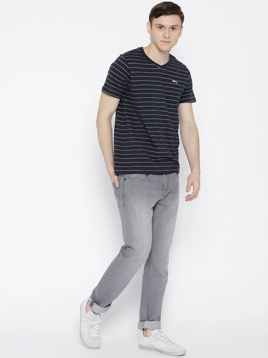 Men Navy Blue Striped V-Neck T-shirt