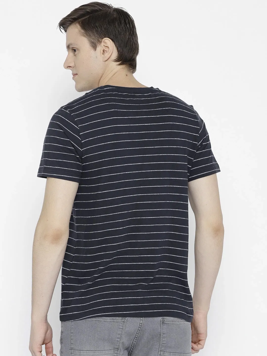 Men Navy Blue Striped V-Neck T-shirt