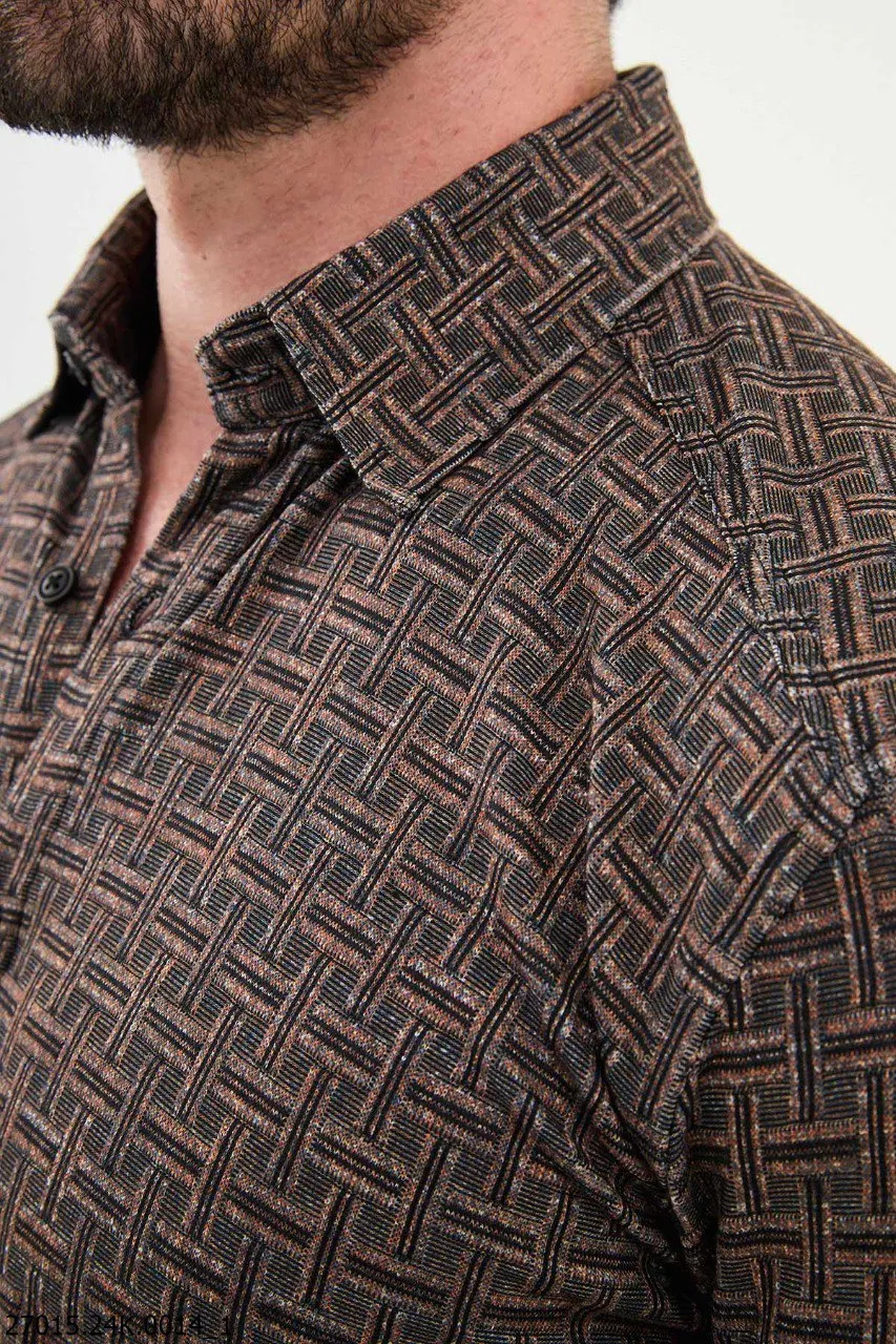 Men's Camel Checkered Long Sleeve Shirt.