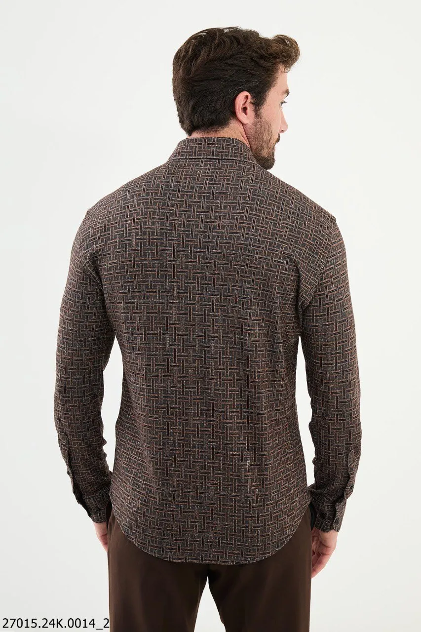 Men's Camel Checkered Long Sleeve Shirt.