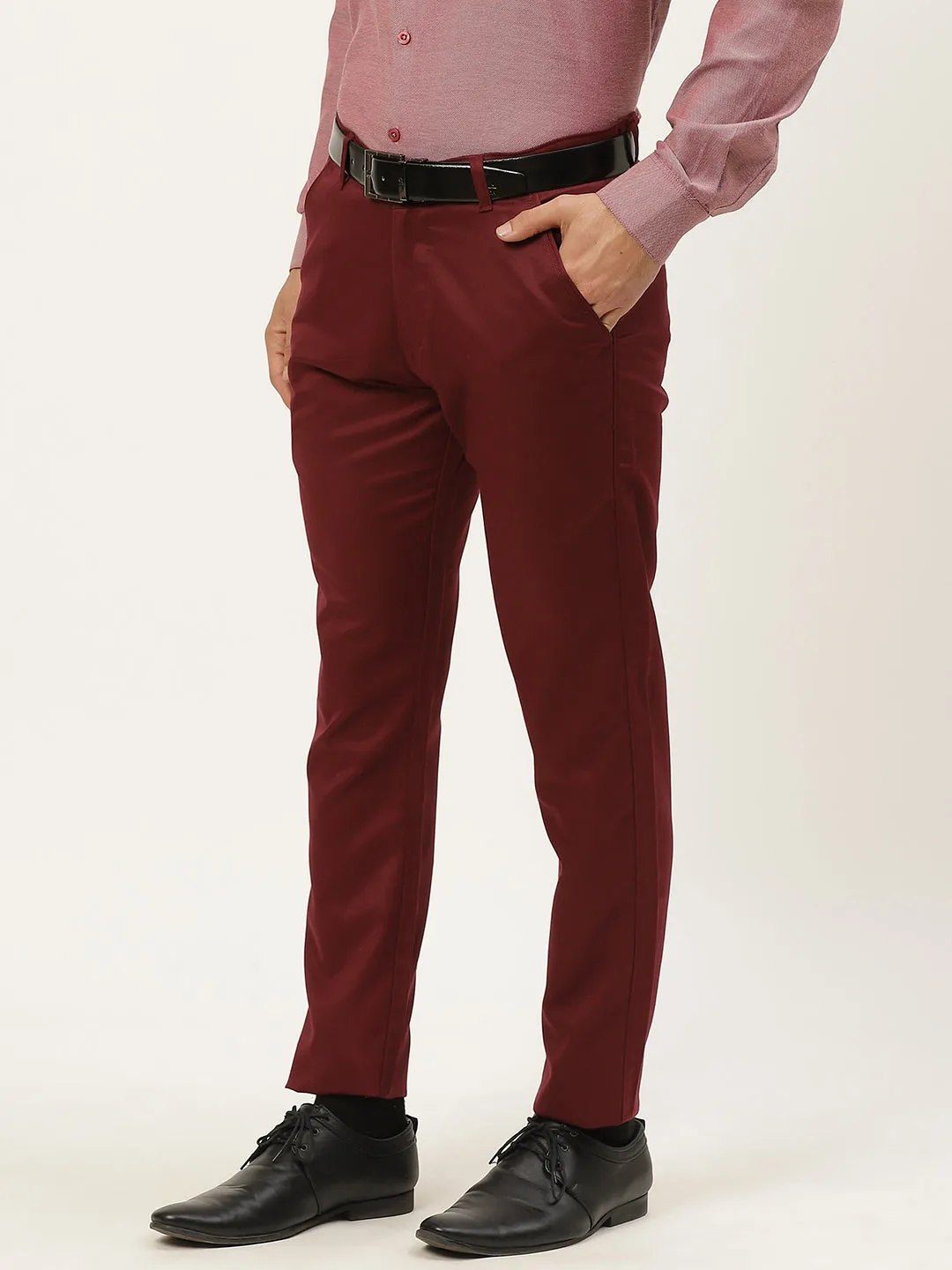 Men's Cotton Blend Burgundy Solid Formal Trousers - Sojanya