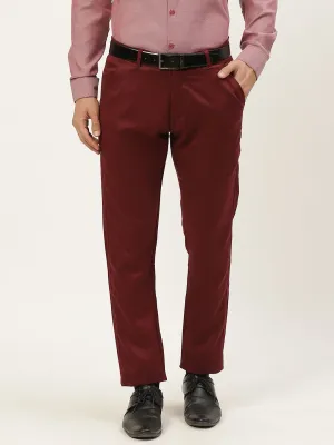 Men's Cotton Blend Burgundy Solid Formal Trousers - Sojanya